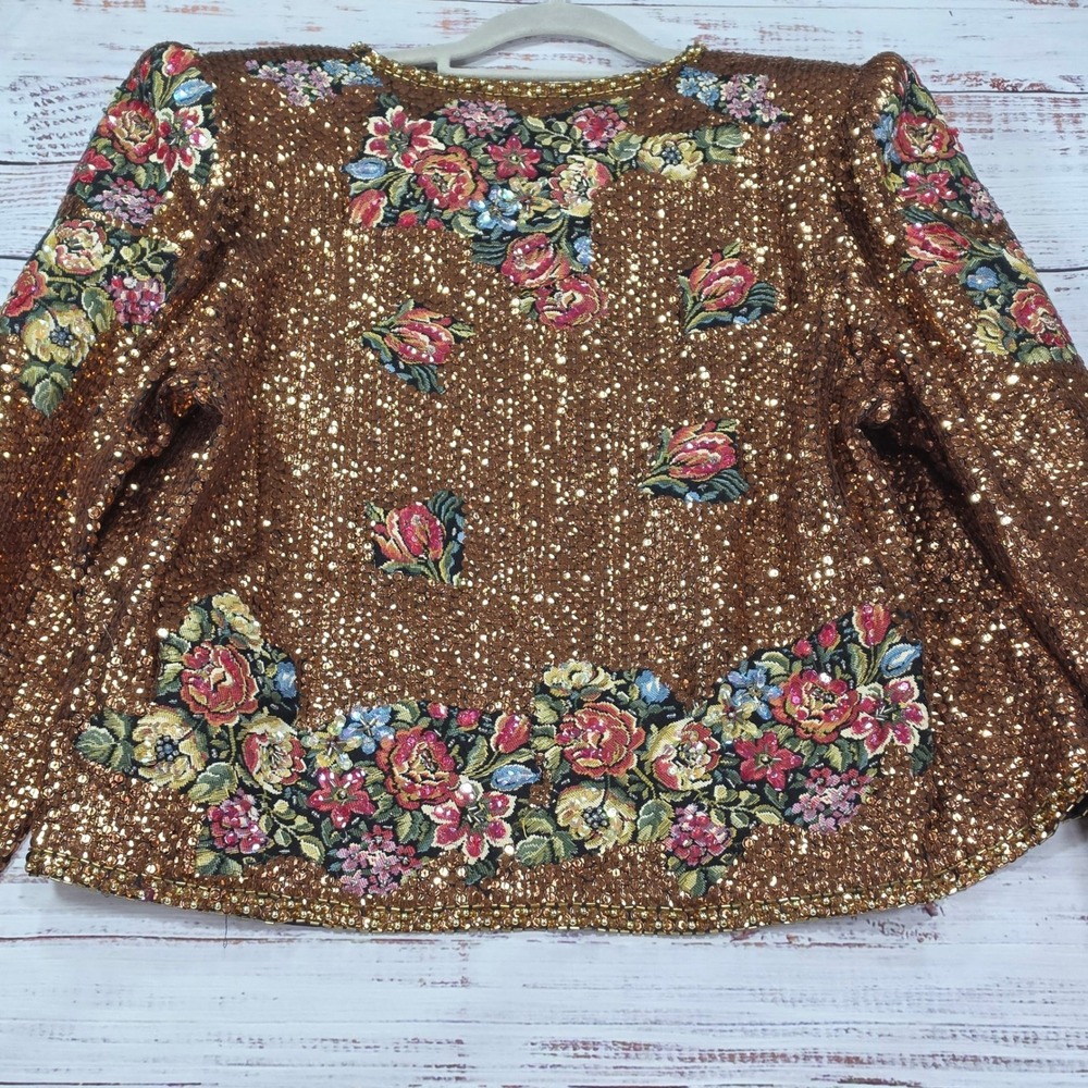 Cervelle Sequin Floral Tapestry Jacket Womens XL Bronze Excellent Beaded Bolero